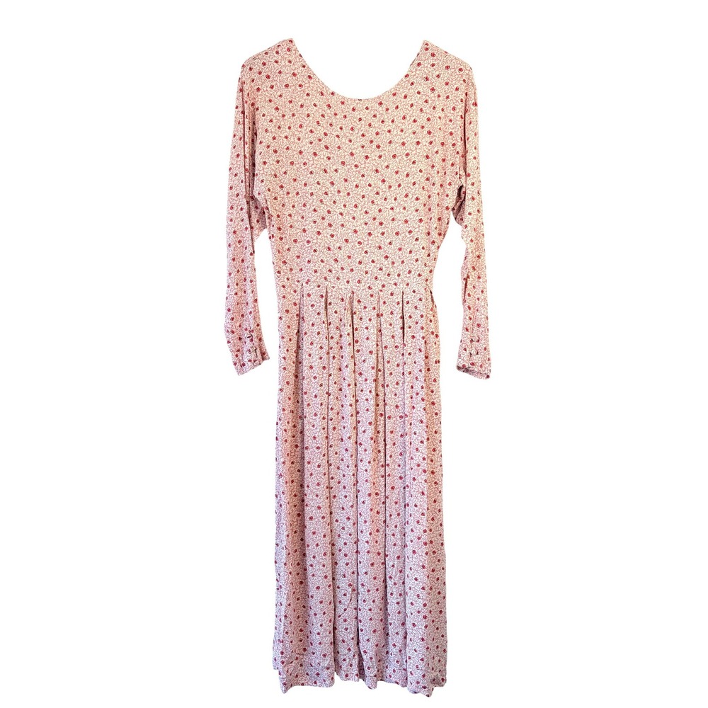 Vtg LAURA ASHLEY Pink Floral Rose Rayon Maxi Dress Made in GB 10 Cottagecore